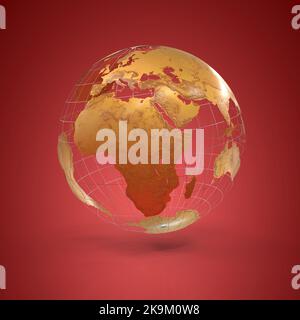 golden earth globe metallic finish red background - 3D rendering Stock Photo