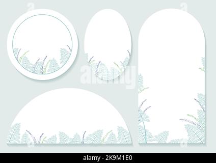 Set of pastel-colored botanical frames in various shapes on a green background, vector illustration. Stock Vector