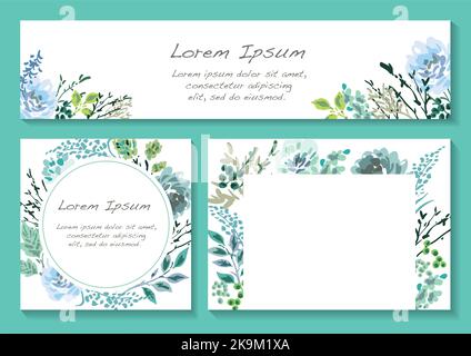Set Of Floral Backgrounds With Text Space Isolated On A Turquoise Background, Vector Illustration. Stock Vector