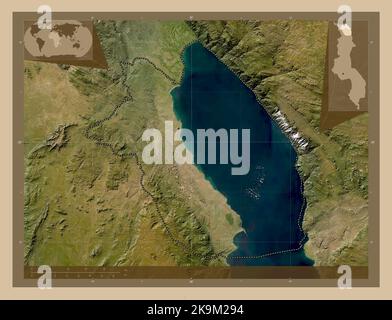 Karonga, district of Malawi. Low resolution satellite map. Locations of major cities of the region. Corner auxiliary location maps Stock Photo