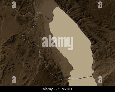 Karonga, district of Malawi. Elevation map colored in sepia tones with lakes and rivers Stock Photo