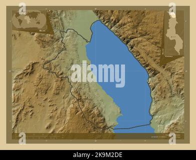 Karonga, district of Malawi. Colored elevation map with lakes and rivers. Locations and names of major cities of the region. Corner auxiliary location Stock Photo