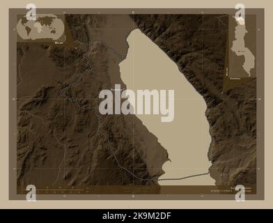 Karonga, district of Malawi. Elevation map colored in sepia tones with lakes and rivers. Locations and names of major cities of the region. Corner aux Stock Photo