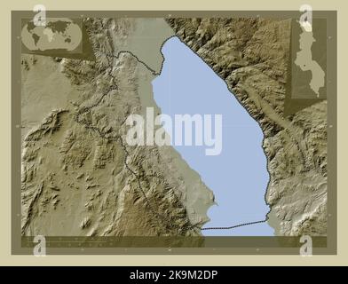 Karonga, district of Malawi. Elevation map colored in wiki style with lakes and rivers. Locations of major cities of the region. Corner auxiliary loca Stock Photo