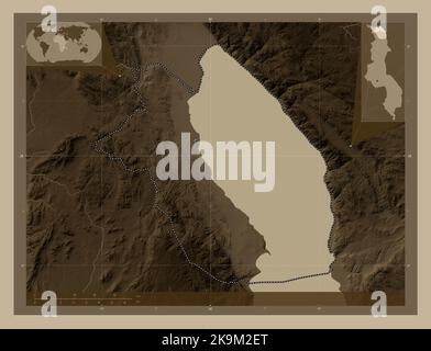 Karonga, district of Malawi. Elevation map colored in sepia tones with lakes and rivers. Corner auxiliary location maps Stock Photo