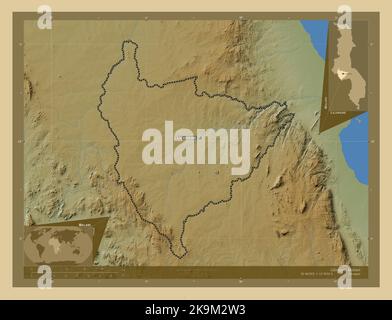 Lilongwe, district of Malawi. Colored elevation map with lakes and rivers. Locations and names of major cities of the region. Corner auxiliary locatio Stock Photo