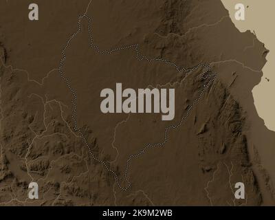 Lilongwe, district of Malawi. Elevation map colored in sepia tones with lakes and rivers Stock Photo