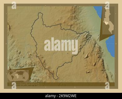 Lilongwe, district of Malawi. Colored elevation map with lakes and rivers. Corner auxiliary location maps Stock Photo