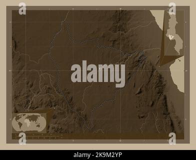 Lilongwe, district of Malawi. Elevation map colored in sepia tones with lakes and rivers. Corner auxiliary location maps Stock Photo