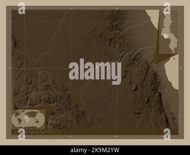 Lilongwe, district of Malawi. Elevation map colored in sepia tones with lakes and rivers. Locations of major cities of the region. Corner auxiliary lo Stock Photo