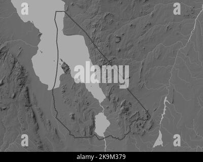 Mangochi, district of Malawi. Grayscale elevation map with lakes and rivers Stock Photo