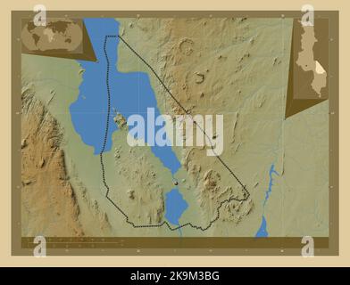 Mangochi, district of Malawi. Colored elevation map with lakes and rivers. Corner auxiliary location maps Stock Photo