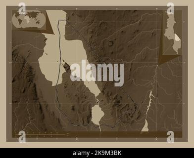 Mangochi, district of Malawi. Elevation map colored in sepia tones with lakes and rivers. Corner auxiliary location maps Stock Photo