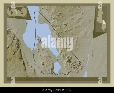 Mangochi, district of Malawi. Elevation map colored in wiki style with lakes and rivers. Corner auxiliary location maps Stock Photo