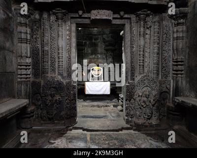 Shiva Linga inside Shaivism Hindu temple Hoysaleswara Arts Halebidu Karnataka India Stock Photo
