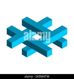 Impossible hashtag symbol. Blue Esher penrose geometric shape. Op art sign. Visual trick, optical illusion. Blue 3d isometric object. Octothorp icon Stock Vector