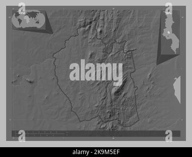 Ntchisi, district of Malawi. Grayscale elevation map with lakes and rivers. Corner auxiliary location maps Stock Photo