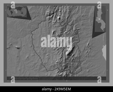 Ntchisi, district of Malawi. Bilevel elevation map with lakes and rivers. Corner auxiliary location maps Stock Photo