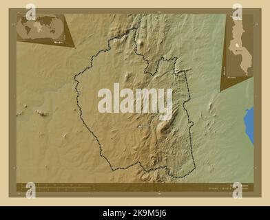 Ntchisi, district of Malawi. Colored elevation map with lakes and rivers. Locations and names of major cities of the region. Corner auxiliary location Stock Photo