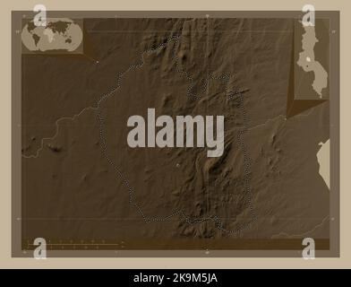 Ntchisi, district of Malawi. Elevation map colored in sepia tones with lakes and rivers. Corner auxiliary location maps Stock Photo