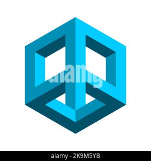 Impossible rhombus figure. 3D geometric object. Blue penrose Esher shape. Rectangular peace like sign. Square isometric object. Visual trick. Vector Stock Vector