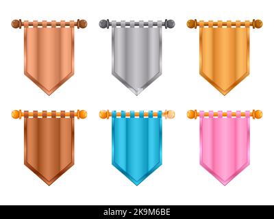 Game level flags. Abstract gold silver bronze medieval banners for GUI design, vintage pennant flagstaff badges fantasy concept. Vector isolated Stock Vector
