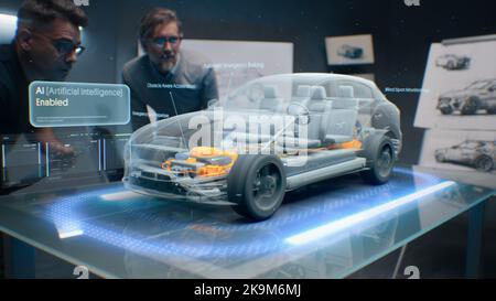 Development engineers are testing driverless autopilot system integrated into an electric car with AI artificial intelligence. They use innovative cutting edge 3D modeling technology of visualisation Stock Photo