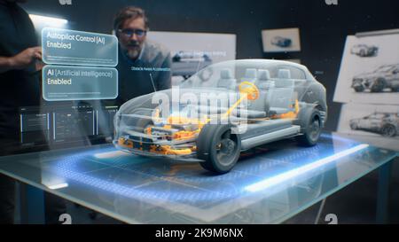 Development engineers are testing driverless autopilot system integrated into an electric car with AI artificial intelligence. They use innovative cutting edge 3D modeling technology of visualisation Stock Photo
