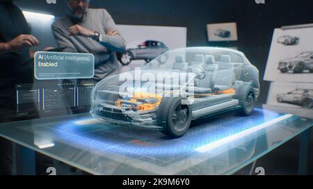 Development engineers are testing driverless autopilot system integrated into an electric car with AI artificial intelligence. They use innovative cutting edge 3D modeling technology of visualisation Stock Photo