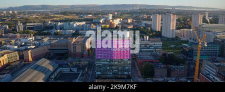 Aerial view of People Make Glasgow sign on tall tower building in city centre  Stock Photo