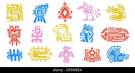 Mayan animal totem. Ancient maya aztec native mythology symbols, traditional old mexican indigenous ritual monster signs. Vector colorful set Stock Vector