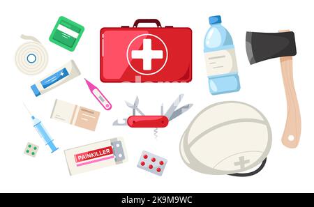 Emergency kit. Cartoon survival evacuation equipment with medical pills flashlight helmet bottle, preparedness first aid tools. Vector isolated Stock Vector