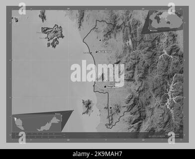 Kedah, state of Malaysia. Grayscale elevation map with lakes and rivers. Locations and names of major cities of the region. Corner auxiliary location Stock Photo