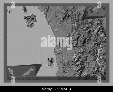 Kedah, state of Malaysia. Bilevel elevation map with lakes and rivers. Locations of major cities of the region. Corner auxiliary location maps Stock Photo