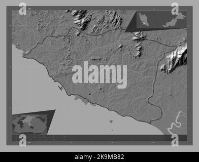 Melaka, state of Malaysia. Bilevel elevation map with lakes and rivers. Corner auxiliary location maps Stock Photo