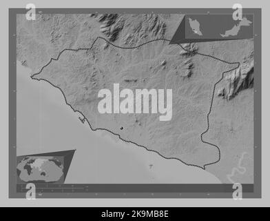 Melaka, state of Malaysia. Grayscale elevation map with lakes and rivers. Corner auxiliary location maps Stock Photo