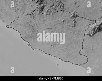 Melaka, state of Malaysia. Grayscale elevation map with lakes and rivers Stock Photo