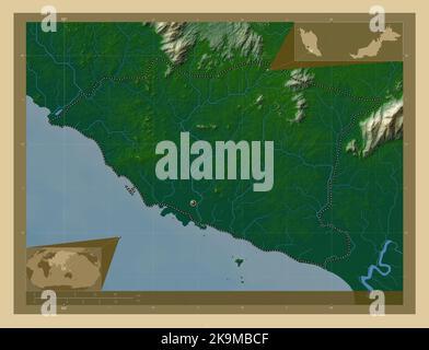 Melaka, state of Malaysia. Colored elevation map with lakes and rivers. Corner auxiliary location maps Stock Photo