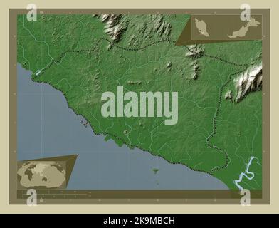 Melaka, state of Malaysia. Elevation map colored in wiki style with lakes and rivers. Corner auxiliary location maps Stock Photo