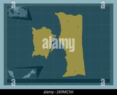 Pulau Pinang, state of Malaysia. Solid color shape. Locations of major cities of the region. Corner auxiliary location maps Stock Photo