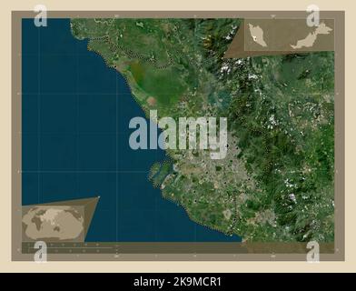 Selangor, state of Malaysia. High resolution satellite map. Locations of major cities of the region. Corner auxiliary location maps Stock Photo
