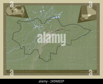 Mopti, region of Mali. Elevation map colored in wiki style with lakes and rivers. Locations and names of major cities of the region. Corner auxiliary Stock Photo