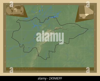 Mopti, region of Mali. Colored elevation map with lakes and rivers. Locations of major cities of the region. Corner auxiliary location maps Stock Photo