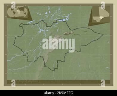 Mopti, region of Mali. Elevation map colored in wiki style with lakes and rivers. Corner auxiliary location maps Stock Photo