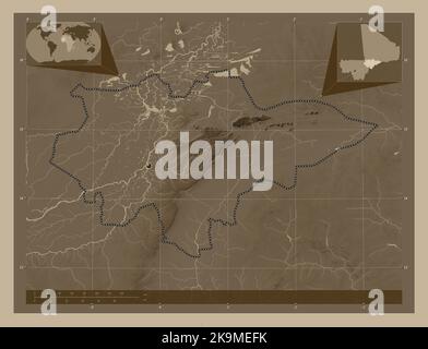 Mopti, region of Mali. Elevation map colored in sepia tones with lakes and rivers. Corner auxiliary location maps Stock Photo