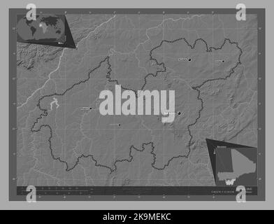 Sikasso, region of Mali. Bilevel elevation map with lakes and rivers. Locations and names of major cities of the region. Corner auxiliary location map Stock Photo