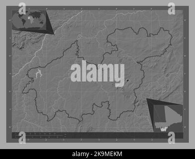 Sikasso, region of Mali. Bilevel elevation map with lakes and rivers. Corner auxiliary location maps Stock Photo