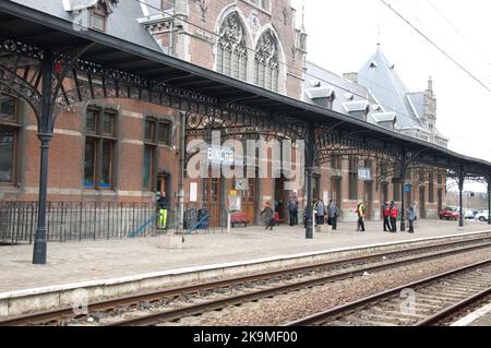 Binche Railway Station, Belgium - This beautiful ornate station is a sign of Binche's past glory due to the wealth of the mines in this area. Stock Photo