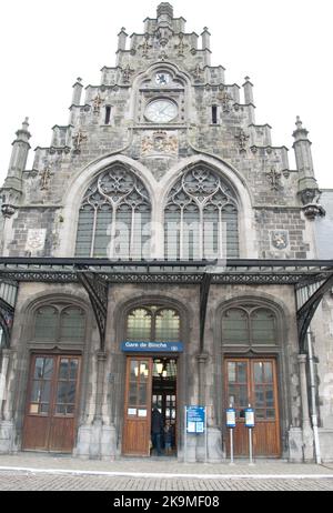 Binche Railway Station, Belgium - This beautiful ornate station is a sign of Binche's past glory due to the wealth of the mines in this area. Stock Photo