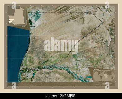 Trarza, region of Mauritania. High resolution satellite map. Locations and names of major cities of the region. Corner auxiliary location maps Stock Photo